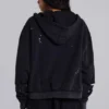 Tvättad svart hoodie med dragkedja, solblekt och våffelfodrad