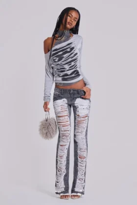 Zain Shredded Bootcut-Jeans i grått